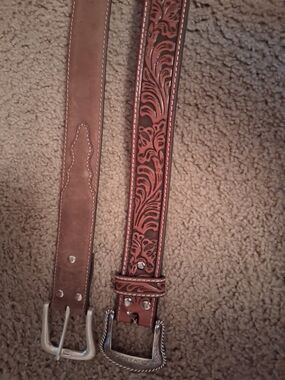 Nocona Brown Tooled Floral Leather Belt with Silver Buckle